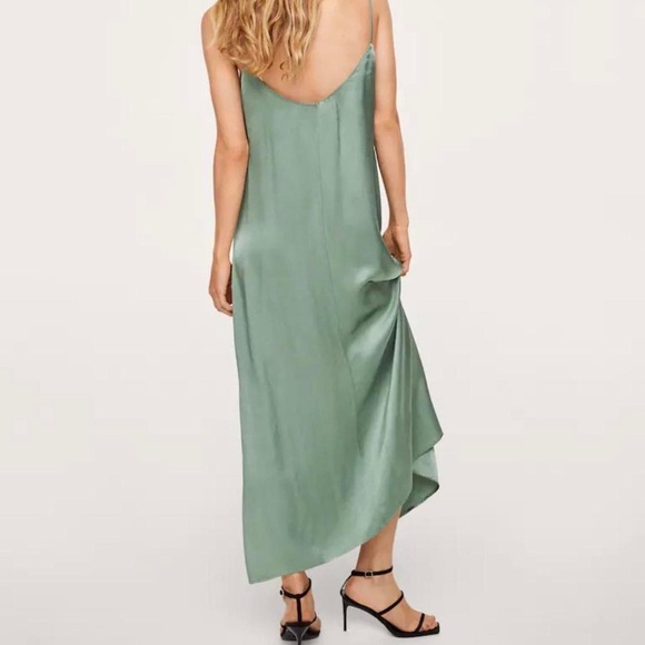 NWT,Mango MNG, Green Dress Elegant Green Satin Slip Dress,Side Splits,Size L - Picture 9 of 14